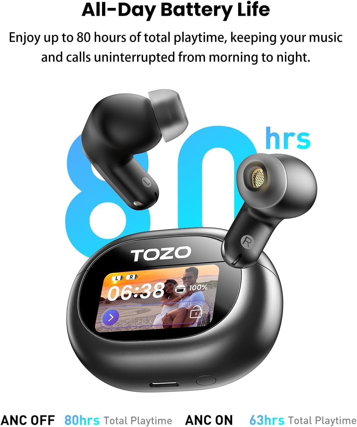TOZO NC20 Pro Active Noise Cancelling Wireless Earbuds with Smart Touch Screen, LDAC Hi-Res Audio, Stereo Bass, 6 Mics AI Call Ear Buds, 80H Playtime, IPX8 Waterproof, 32 EQ via App, Wireless Charging - Image 4