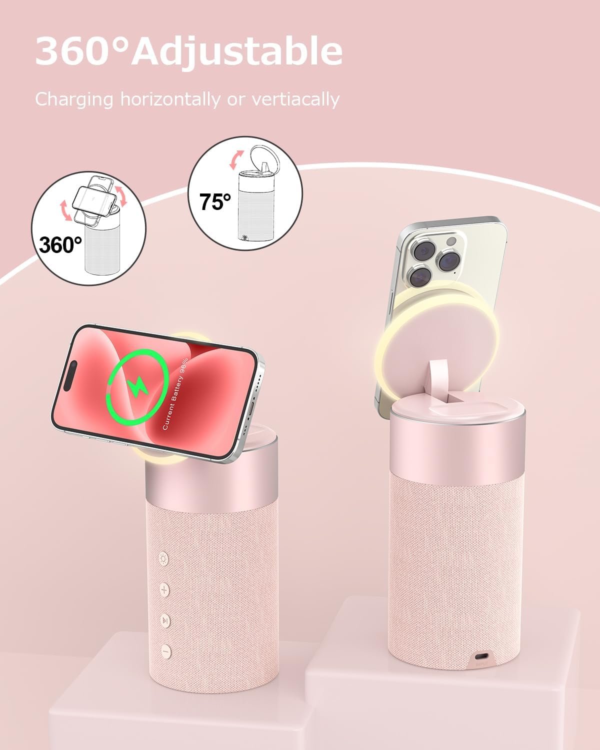 COLSUR Bluetooth Speaker, Magnetic Wireless Charger, Bluetooth Speakers with Night Light, 2 in 1 Wireless Charging Station for iPhone 17/16/15/14/13/12 Series, AirPods Pro 2/4/3/2(Gift Ideal) (Pink) - Image 7
