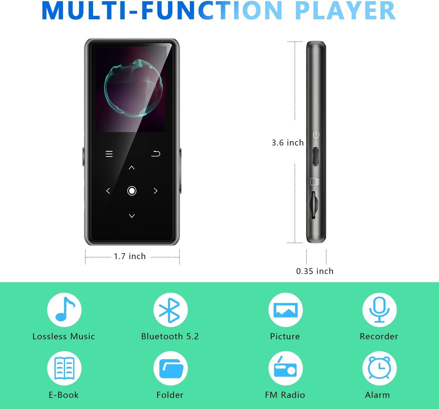 64GB MP3 Player with Bluetooth 5.2, AiMoonsa Music Player with Built-in HD Speaker, FM Radio, Voice Recorder, HiFi Sound, E-Book, Earphones Included - Image 7