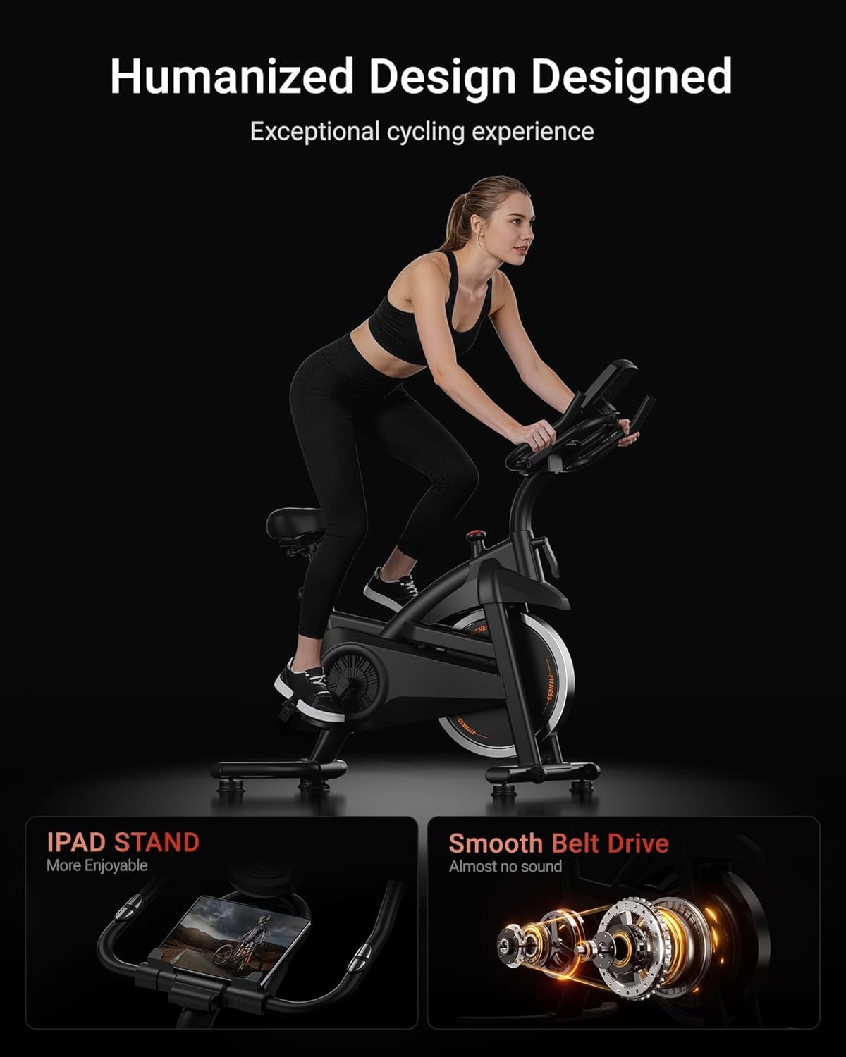 Exercise Bike,Brake Pad Stationary Bike for Home with 0-100 Resistance & App, Silent Belt Drive Stationary Workout Bike for Home with Comfort Seat, Low Noise Indoor Cycling Bike with Heart Rate / Tablet & Bottle Holder, 300 LBS Capacity - Image 7