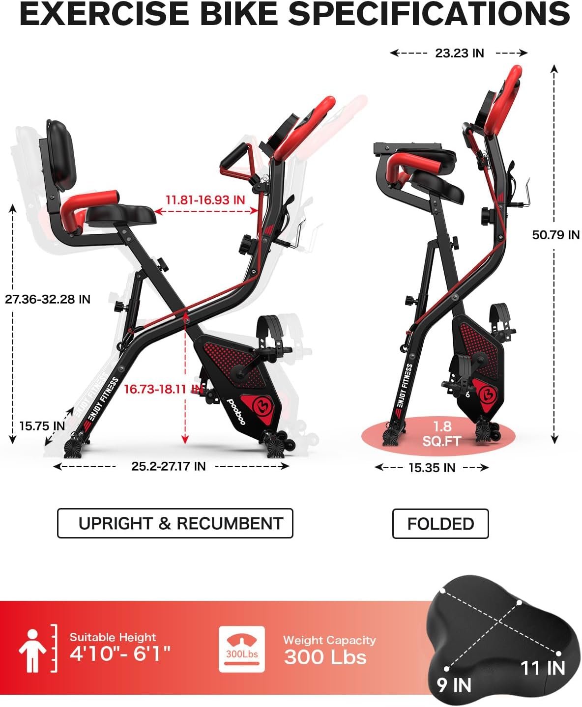 pooboo Folding Exercise Bike, Foldable Upright Stationary Bike, Indoor Cycling Magnetic X-Bike with 8-Level Adjustable Resistance, 6.6 LBS Flywheel, 300LB Capacity, Back Support Cushion for Home Gym - Image 5