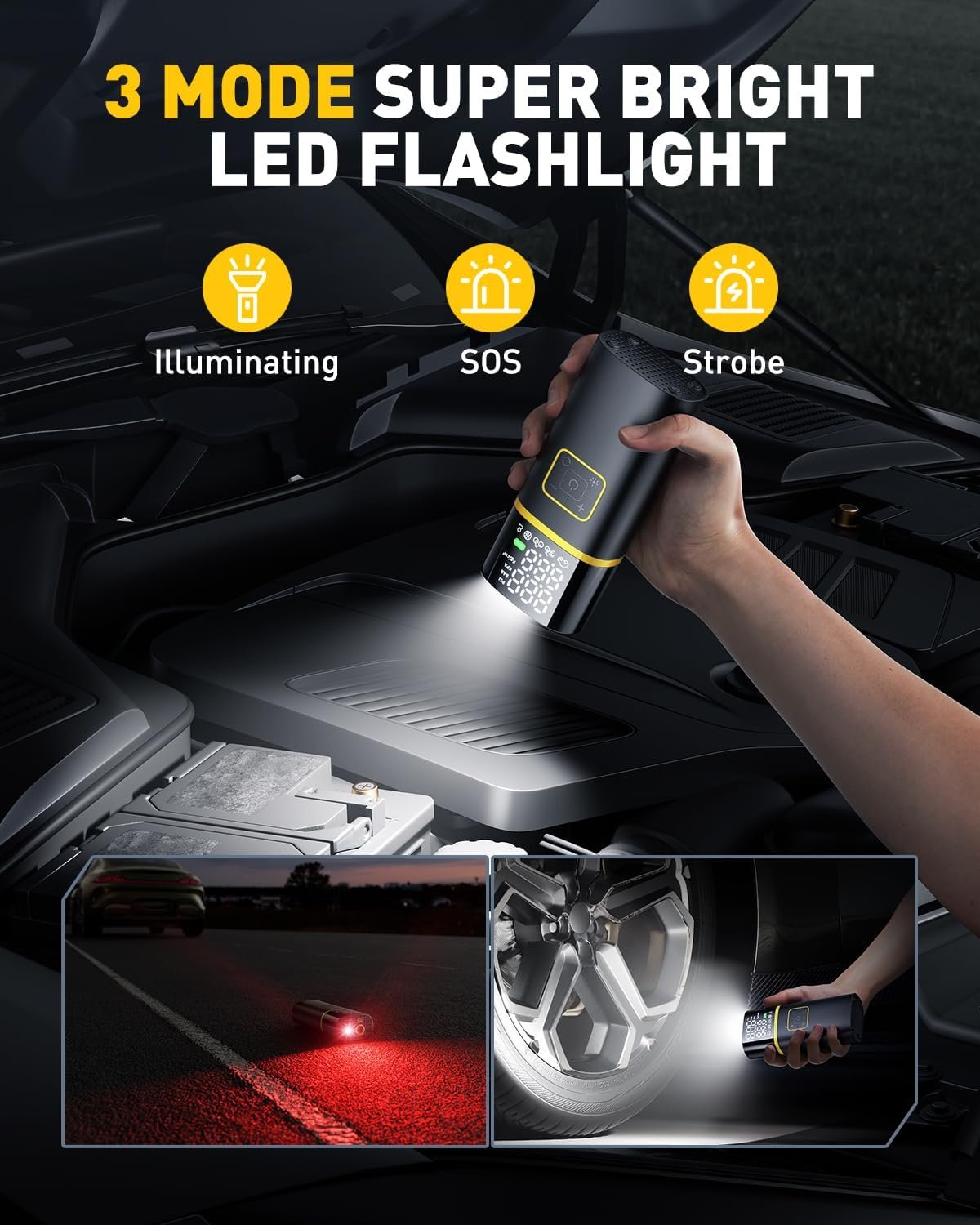 AUXITO AS1 Tire Inflator Portable Air Compressor - 150PSI Bike Pump 1Min Fast Inflate with Tire Pressure Gauge, 5200 mAh, LED Light, Car Accessories Air Pump for Auto, Moto, Bike Car Gifts for Men - Image 6