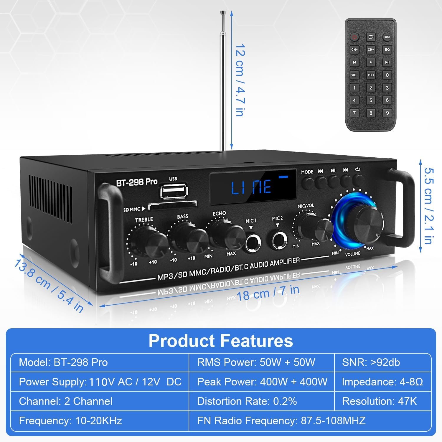 Amplifier Home Audio Stereo Receivers with Bluetooth 5.0,Receicer for Speakers Max 800W, 2.0 Channel Stereo Amplifier System for Home Speakers, Karaoke,Garage,Home Amp/USB/SD/RCA/MIC in - Image 7