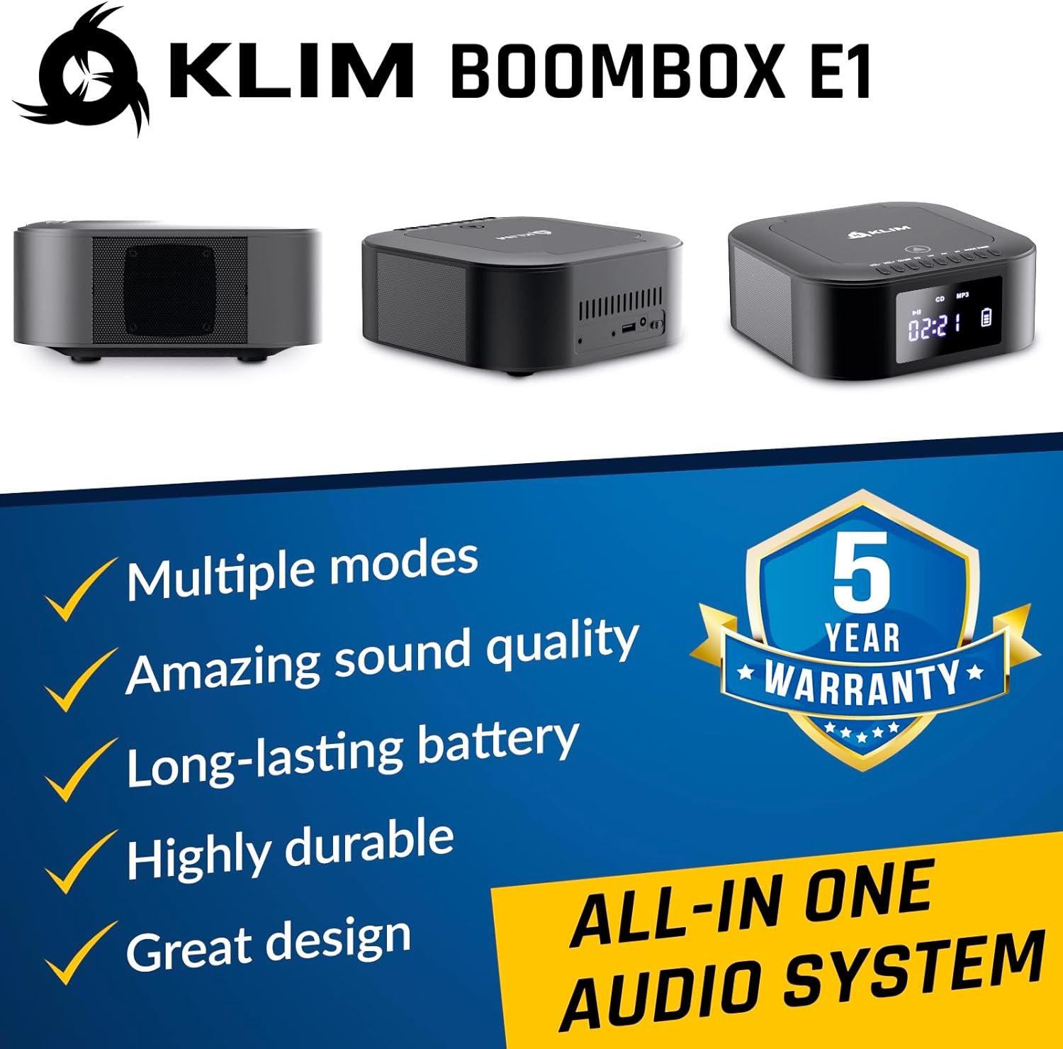 KLIM Boombox E1 with CD case - CD Player Portable Audio System + Extra BASS with Subwoofer + FM Radio, MP3 Bluetooth AUX USB + Wired and Wireless Mode Rechargeable Battery + Remote Control - Image 2