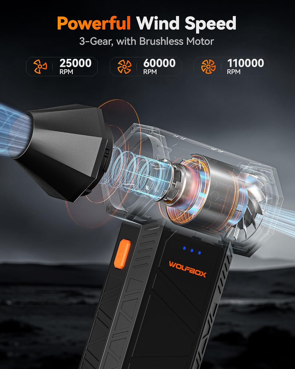 WOLFBOX MegaFlow 50 Compressed Air Duster-110000RPM Super Power Electric Air Duster, 3-Gear Adjustable Mini Blower with Fast Charging, Dust Blower for Computer, Keyboard, House, Outdoor and Car - Image 2