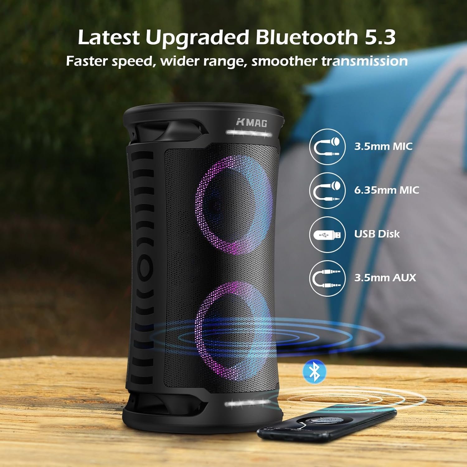 Large Party Bluetooth Speaker, 260W Peak Powerful Loud Sound with Deep Bass, 15Hr Playtime, Fast Charge, RGB Cool Light Show, TWS, Portable for Outdoor Beach, Camping, Backyard, Work, Home (Black) - Image 5