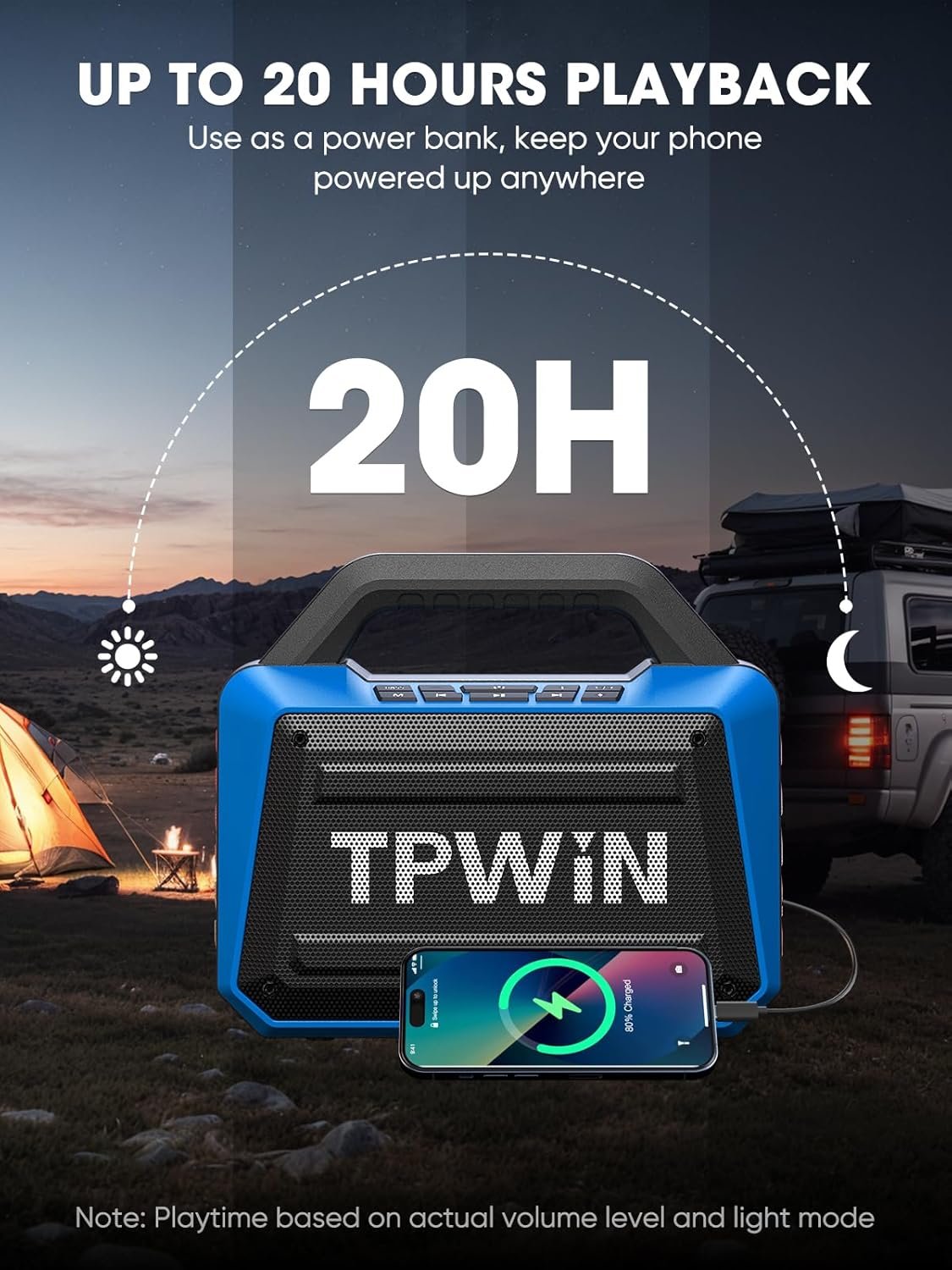 Portable Bluetooth Speakers Loud - Wireless Speaker 80W Peak, Light Show, 20H Playtime, Strong Bass, BT 5.3, TWS, IPX6 Waterproof for Outdoor Travel Beach Camping - Blue - Image 3