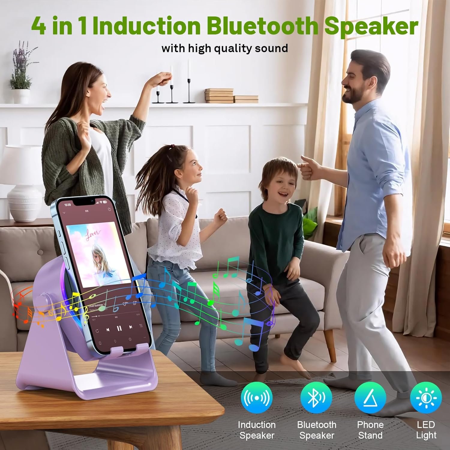 Wireless Induction Speaker, 4 in1 Phone Stand Bluetooth Speaker Amplifier with Colorful Ambient Light 360° Rotation Holder for Tablet iPhone Android,Portable Gifts for Adults Teens (Purple) - Image 2