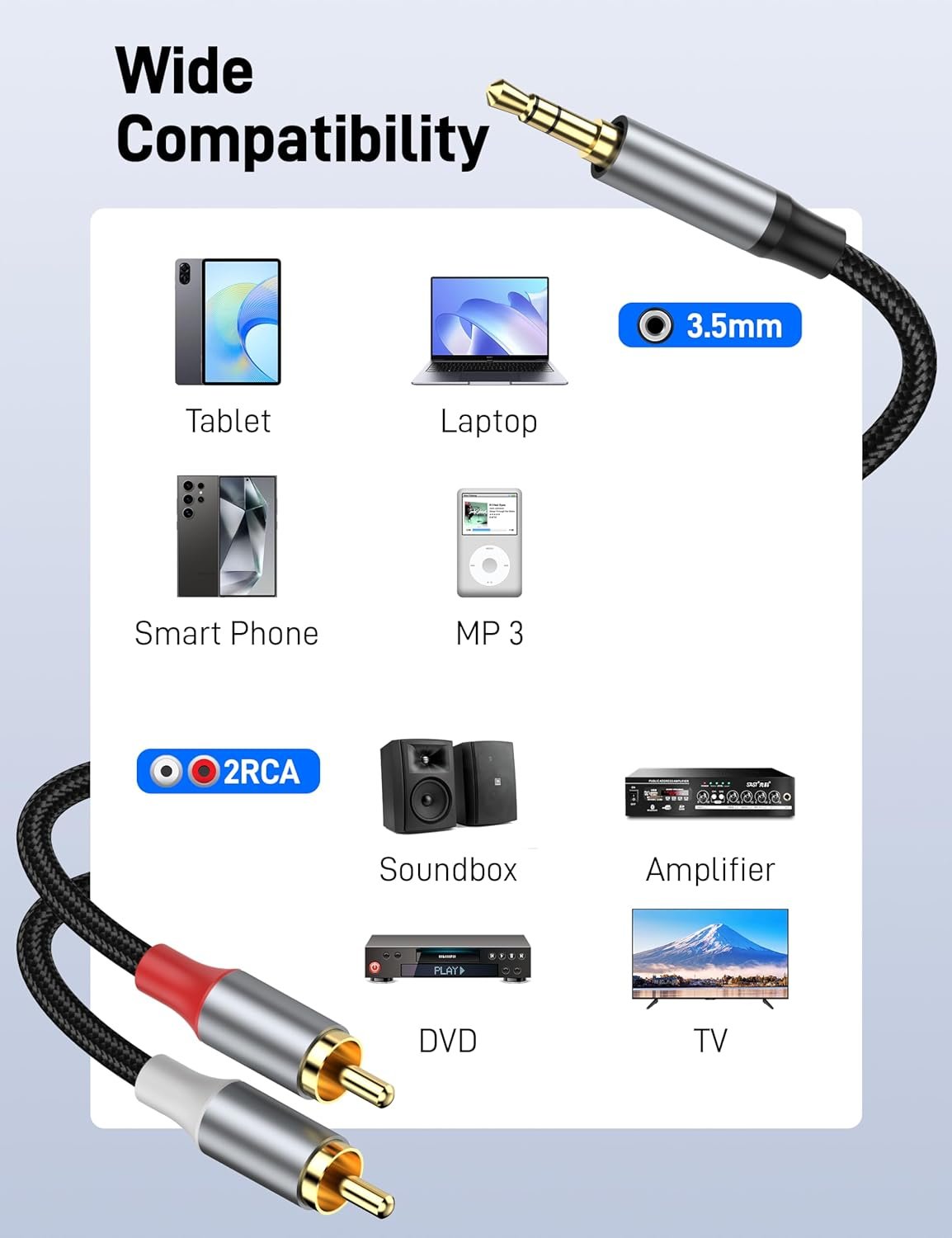 RCA to 3.5mm Cable 3.3FT, 3.5mm Male to 2RCA Male Stereo Y Splitter HiFi Sound Audio Cord Connects a Smartphone, Tablet, HDTV. - Image 3
