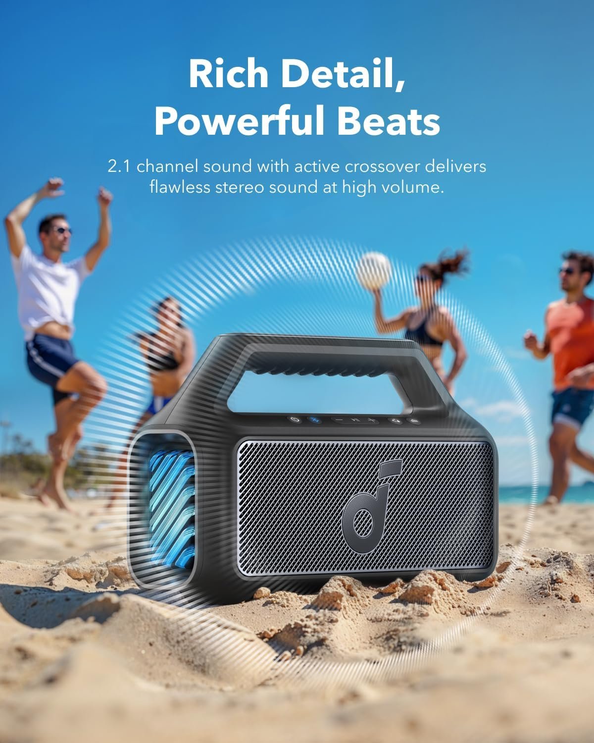 Soundcore Boom 2 By Anker, Outdoor Speaker, 80W, Subwoofer, BassUp 2.0, 24H Playtime, IPX7 Waterproof, Floatable, RGB Lights, USB-C, Custom EQ, Bluetooth 5.3, Portable for Camping and Beach - Black - Image 3