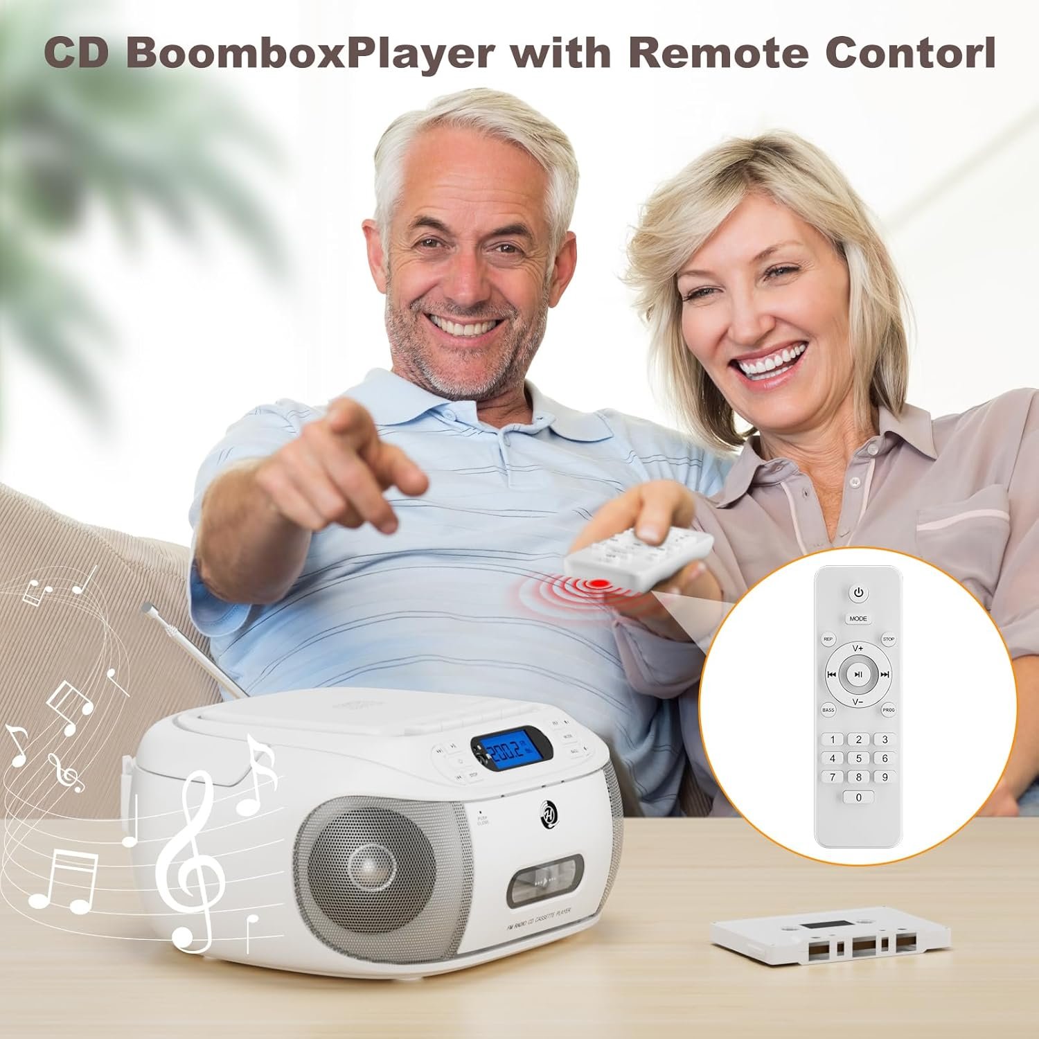 CD Cassette Player Combo, Hernpark Rechargeable Boombox with Bluetooth 5.1, CD Player with Remote Control, Tape Recording, FM Radio, Super Bass, Stereo Sound, Aux/USB Drive, Headphones Jack -White - Image 4