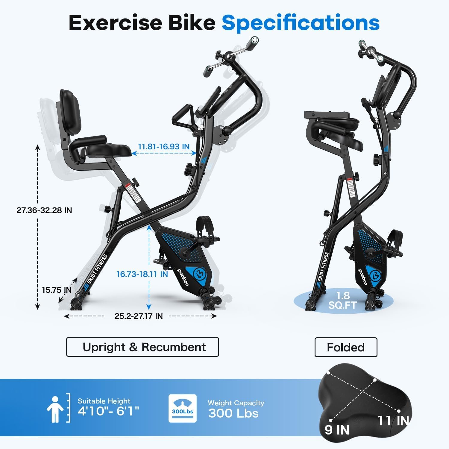 pooboo Folding Exercise Bike, Foldable Upright Stationary Bike, Indoor Cycling Magnetic X-Bike with 8-Level Adjustable Resistance, 6.6 LBS Flywheel, 300LB Capacity, Back Support Cushion for Home Gym - Image 7