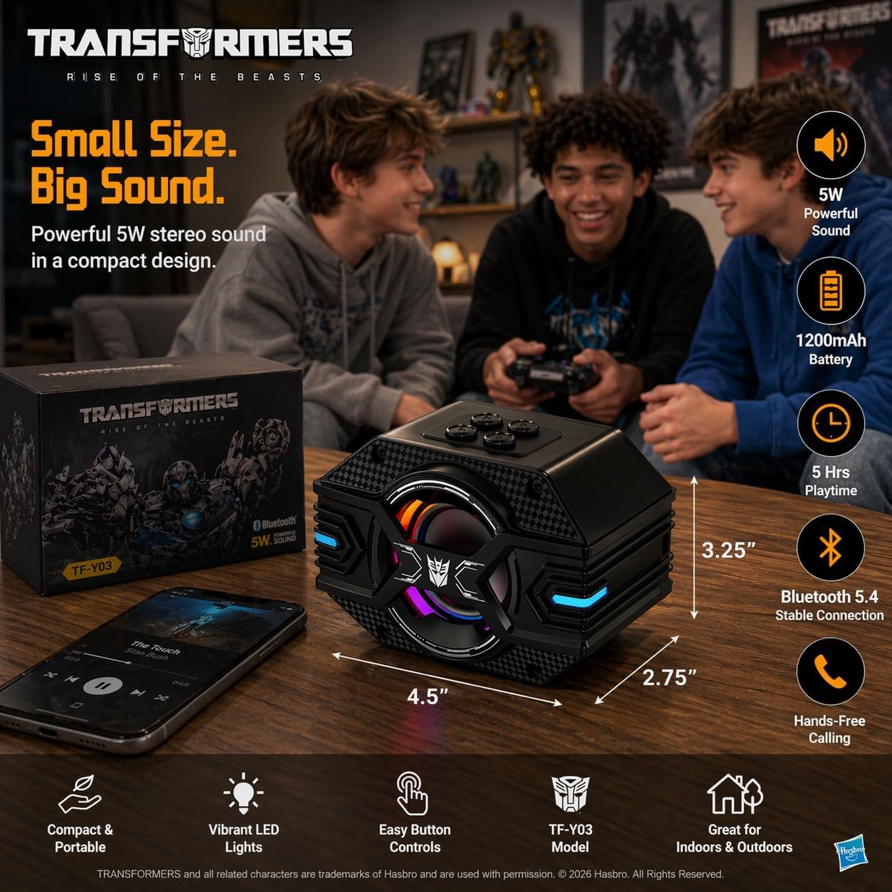 Transformers TF-Y03 CoreBlock Design Bluetooth TWS Speaker 5W Portable Wireless IPX5 Waterproof, 5H Playtime, 1200mAh, Deep Bass, Stereo Pairing, Built-in Mic, AUX/TF Card (Optimus Primal Gray) - Image 8