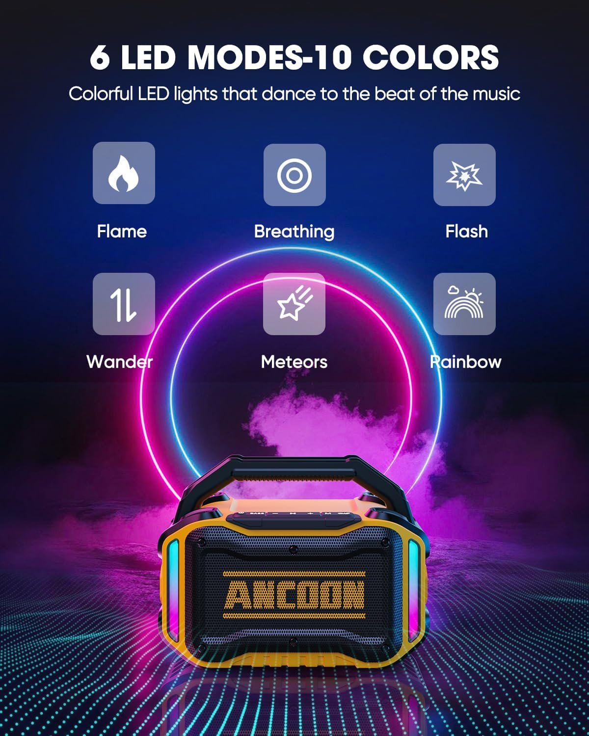 ANCOON Speakers Bluetooth Wireless: 80W(Peak) Loud Speaker with Bass, 20H Playtime, IPX6 Waterproof, Large Jobsite Speakers for Work, Outdoor, Workshop, Garage, Portable Speaker with TWS (Yellow) - Image 6