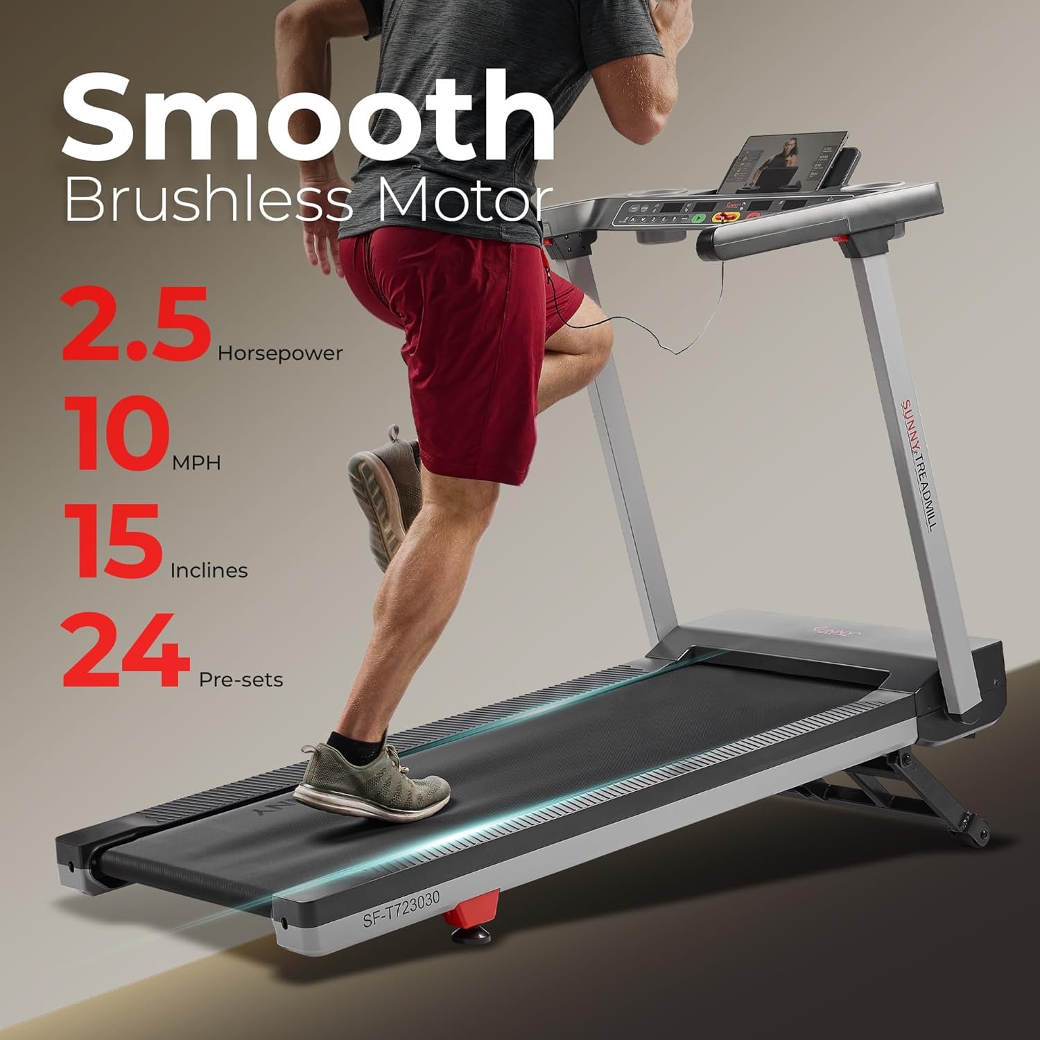 Sunny Health & Fitness Fully Assembled OneClick-Fold 20" Smart Treadmill with Auto Incline & SunnyFit App - Image 2