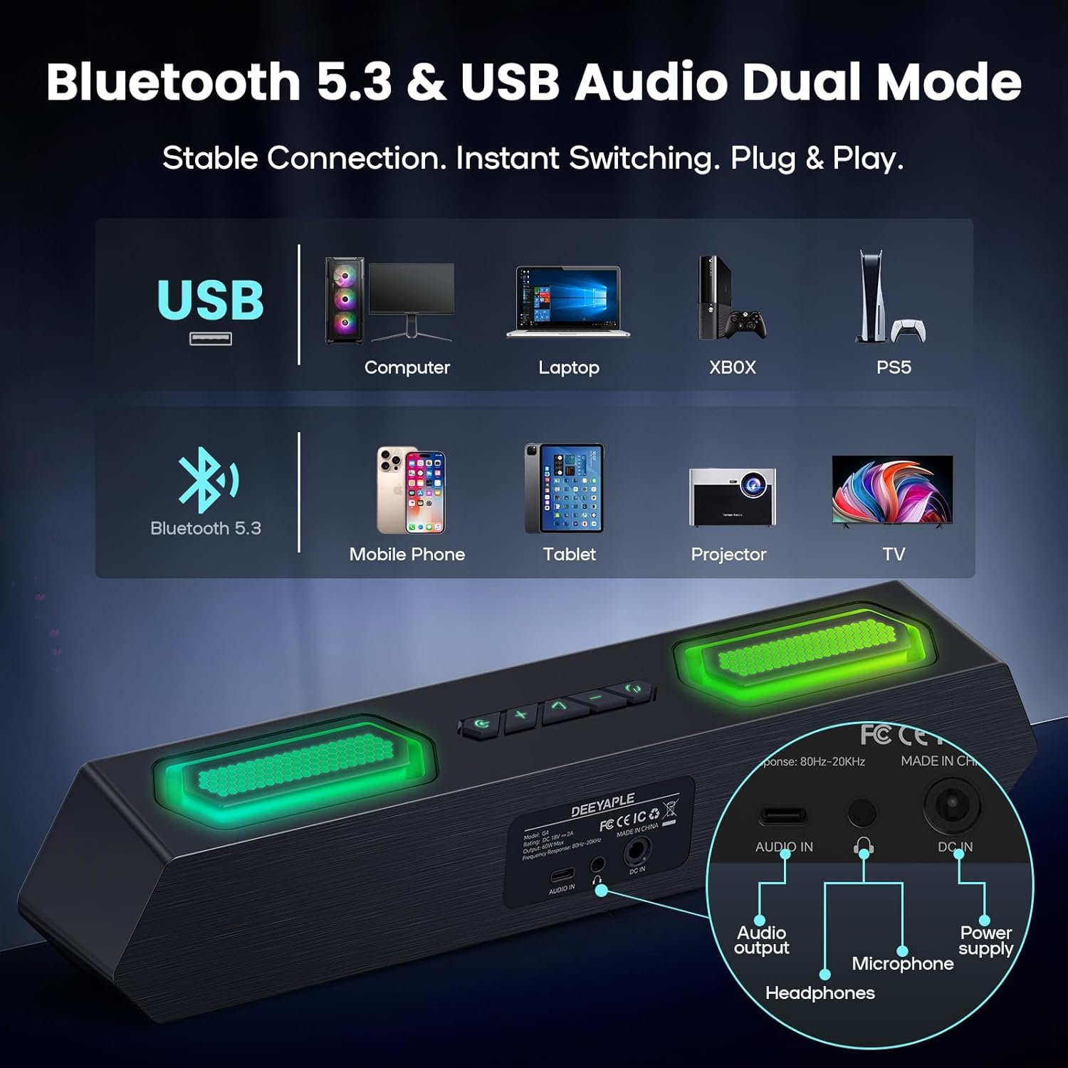 Deeyaple Computer Speakers, 40W PC Speakers for Desktop Monitor with Bluetooth 5.3 & USB Audio, HiFi Stereo Gaming Soundbar with Custom EQ Software, Dynamic RGB Lighting for Laptop, PS4, PS5, Black. - Image 4