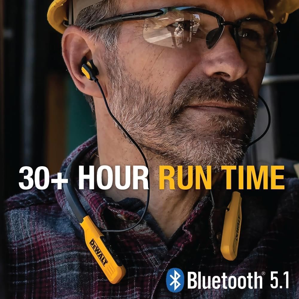 DEWALT Heavy Duty Bluetooth Neckband Headphones, Wireless Around The Neck Earbuds w/ 30H Runtime + Noise Isolation, Secure Magnetic Wireless Earbuds, Jobsite Pro Built-in Mic Bluetooth Headsets - Image 2