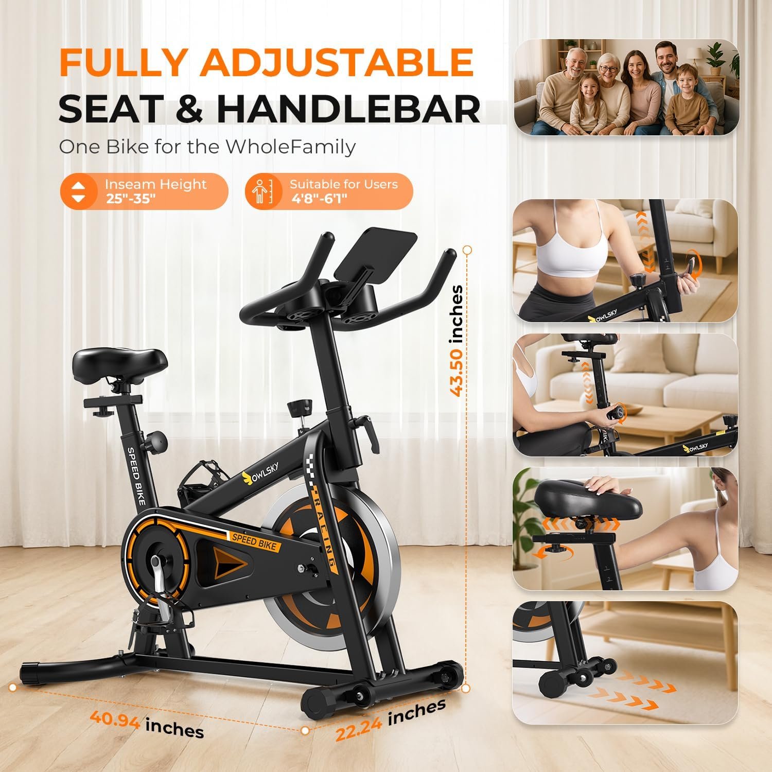 OWLSKY Exercise Bike with APP,Indoor Cycling Bike, 300 lbs Capacity Quiet Stationary Bike for Home Gym, Cardio Bike Workout, Adjustable Seat & Tablet Holder - Image 6