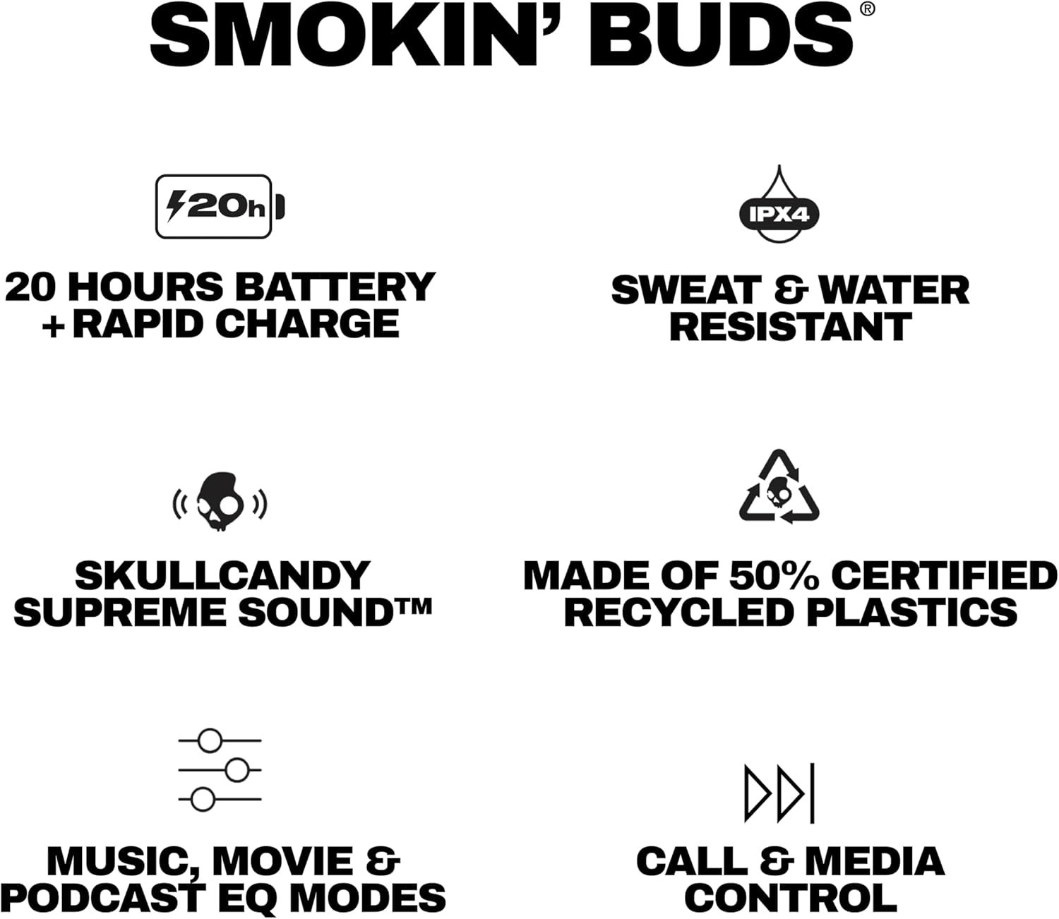 Skullcandy Smokin’ Buds Wireless Earbuds, Bluetooth Headphones, Noise Isolating Fit, Up to 20 Hours Battery, IPX4 Sweat and Water Resistant, Microphone for iPhone Android - True Black - Image 10