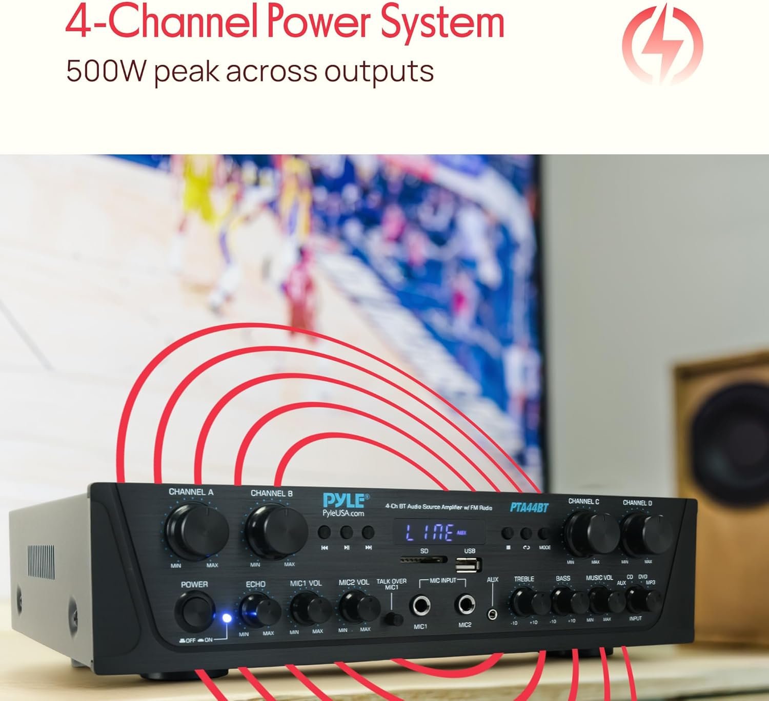 Pyle 4-Channel Audio Amplifier with Bluetooth - Home Stereo Receiver w/ 500W Max Power - Commercial or Karaoke - Dual Mic Input with Echo, Vol, Talk-Over - AUX In - Sub Out - USB-A MP3 Player, AM/FM - Image 4