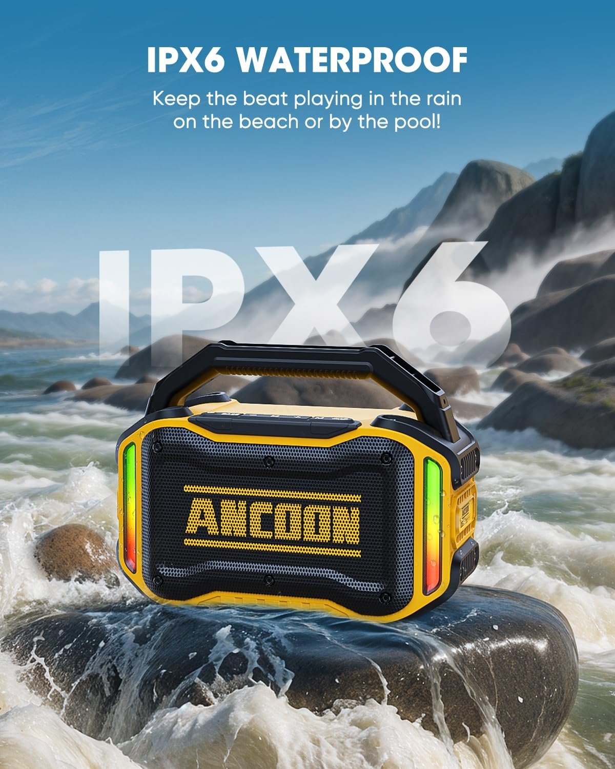ANCOON Speakers Bluetooth Wireless: 80W(Peak) Loud Speaker with Bass, 20H Playtime, IPX6 Waterproof, Large Jobsite Speakers for Work, Outdoor, Workshop, Garage, Portable Speaker with TWS (Yellow) - Image 3