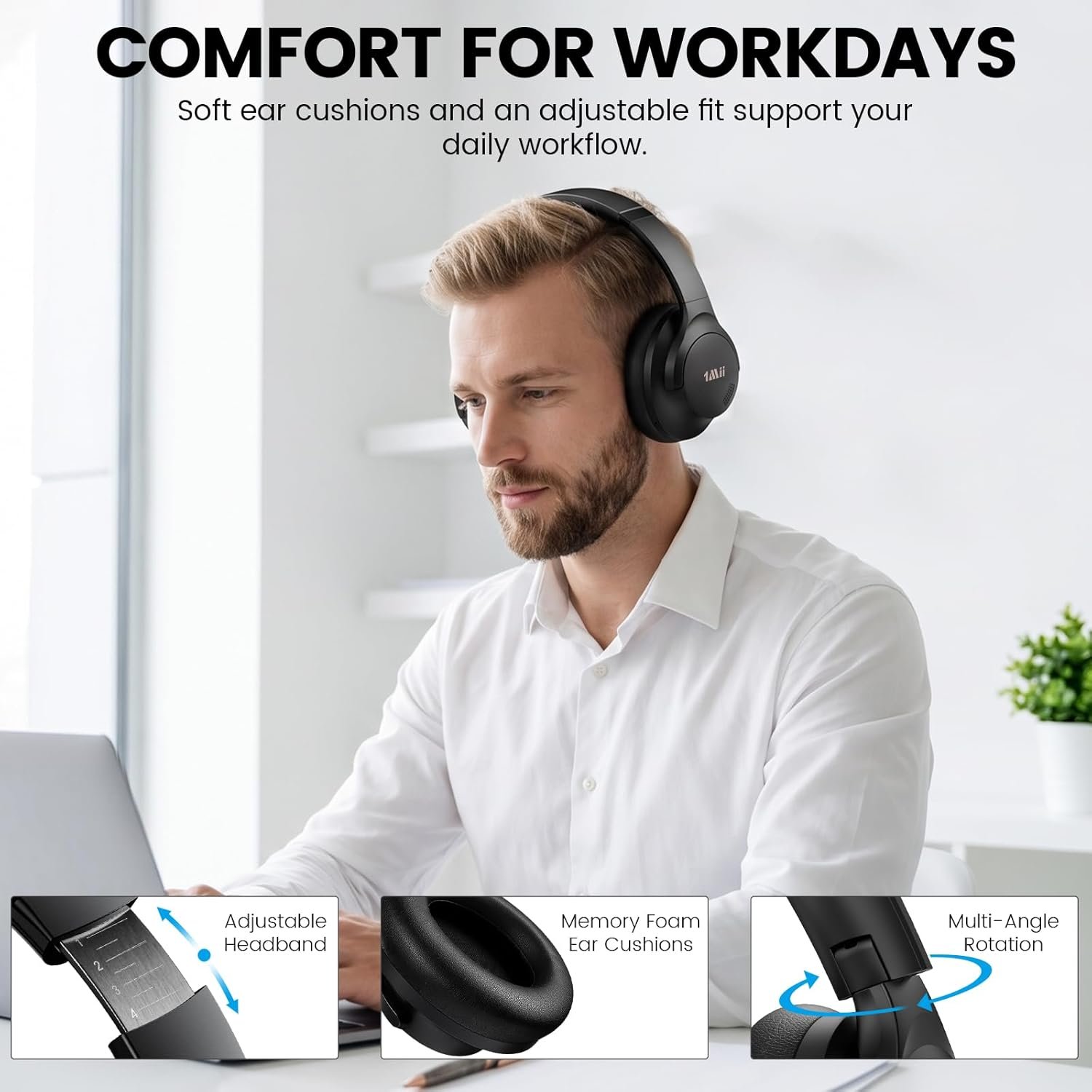 1Mii Y8+ Hybrid Active Noise Cancelling Headphones, 100H Playtime, Bluetooth 6.0 Over Ear LDAC Wireless Hi-Res Audio & Deep Bass, Comfortable for Travel Airplane Home Office, Custom EQ via APP, Black - Image 7
