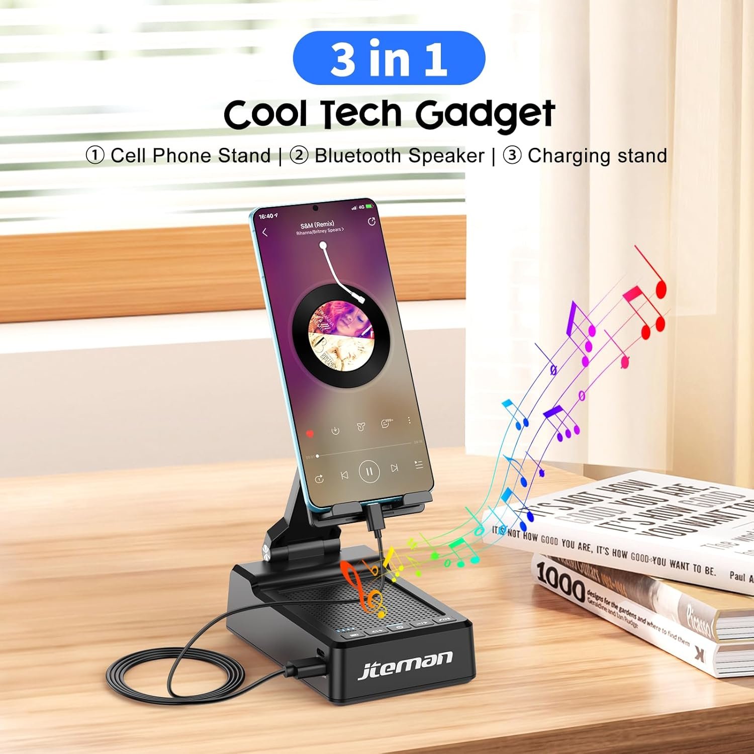 JTEMAN Gifts for Men Women,Adjustable Cell Phone Stand with Bluetooth Speaker and Charging Function,Cool Tech Gadgets Gift Idea for Dad Mom Birthday - Image 2