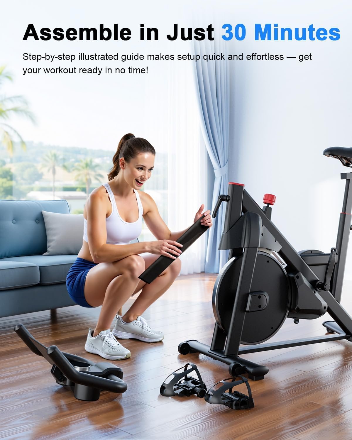 Superun Exercise Bike, Stationary Bikes for Home with Brake Pad, Low Noise Indoor Cycling Bike with 300LBS Weight Capacity, Workout Bike for Home Gym with Pad Mount LCD Monitor and Cup Holder - Image 9