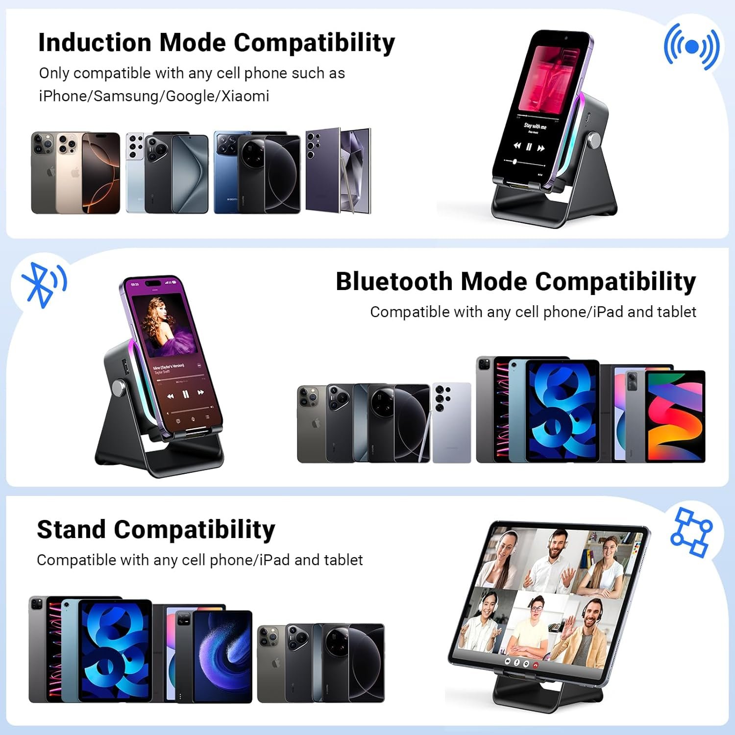 Induction Speaker with Phone Stand 5 in 1 Wireless Induction Bluetooth Audio for iPhone Android Phone Speakers Amplifier with Rechargeable Colorful Light, Birthday Gifts for Men Women Teens (Black) - Image 8