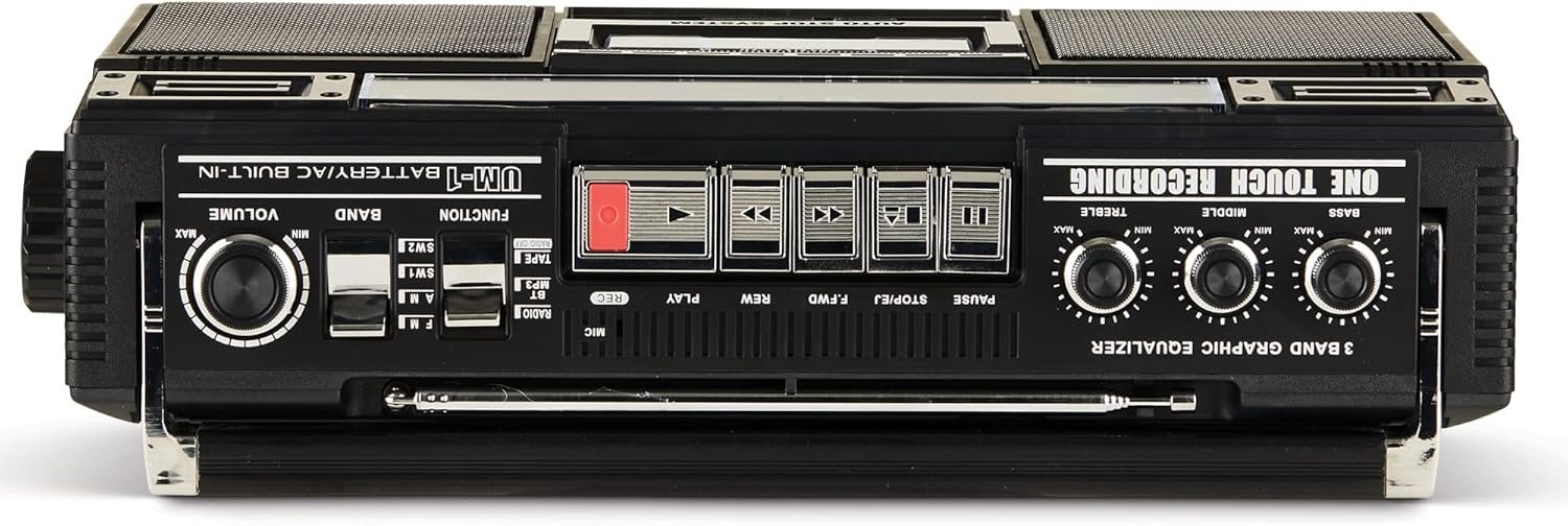 QFX J-220BT Boombox MP3 Conversion from Radio to Cassette with 4-Band (AM, FM, SW1, SW2) Radio with Bluetooth, Rechargeable Battery, Dual 3” Speakers, Built-in Microphone, Recorder, 3-Band Equalizer - Image 10