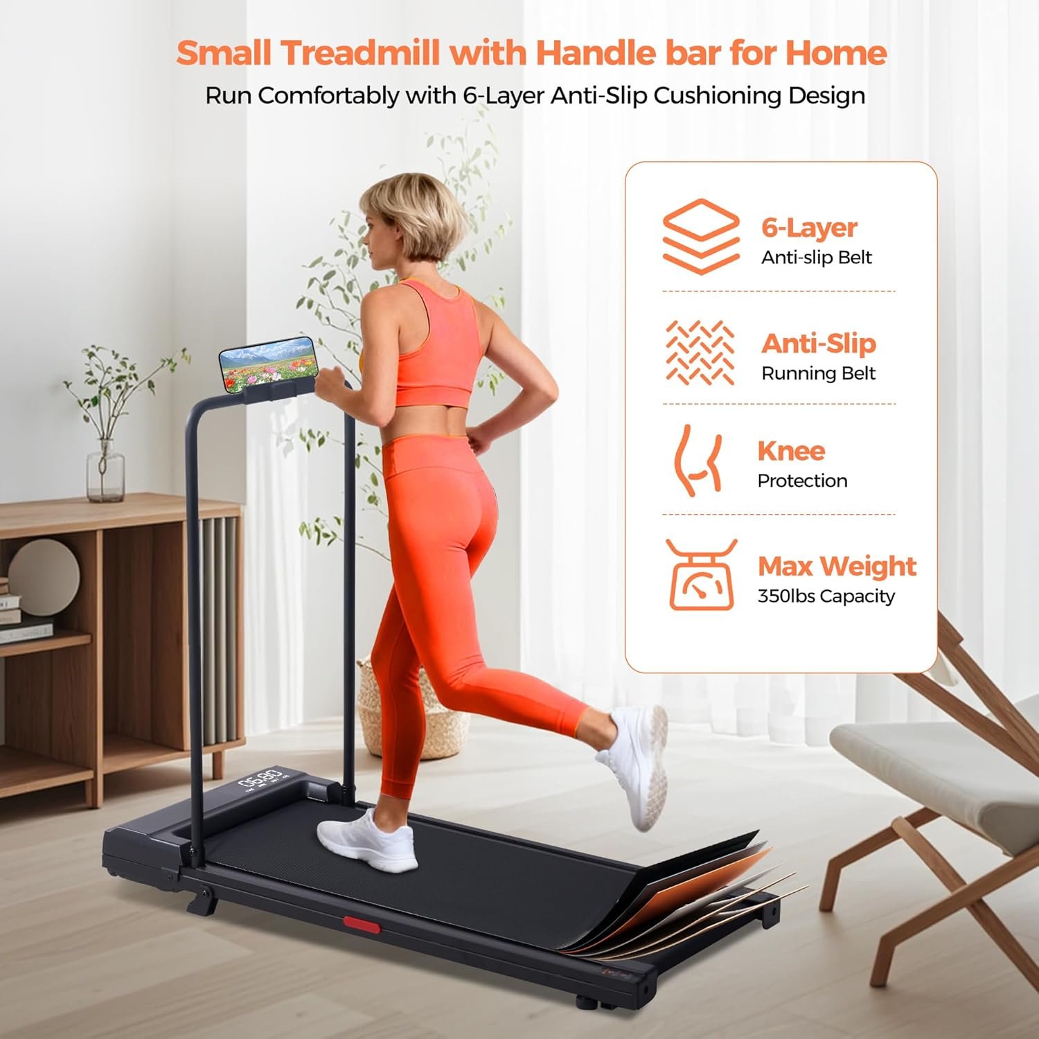 Walking Pad Treadmill with Incline, 2026 Upgrade Portable Under Desk Treadmill for Home Small with Handles, 3.0HP Walking Pad with Handle Bar, 0.6-7.6MPH, 350LBS - Image 6