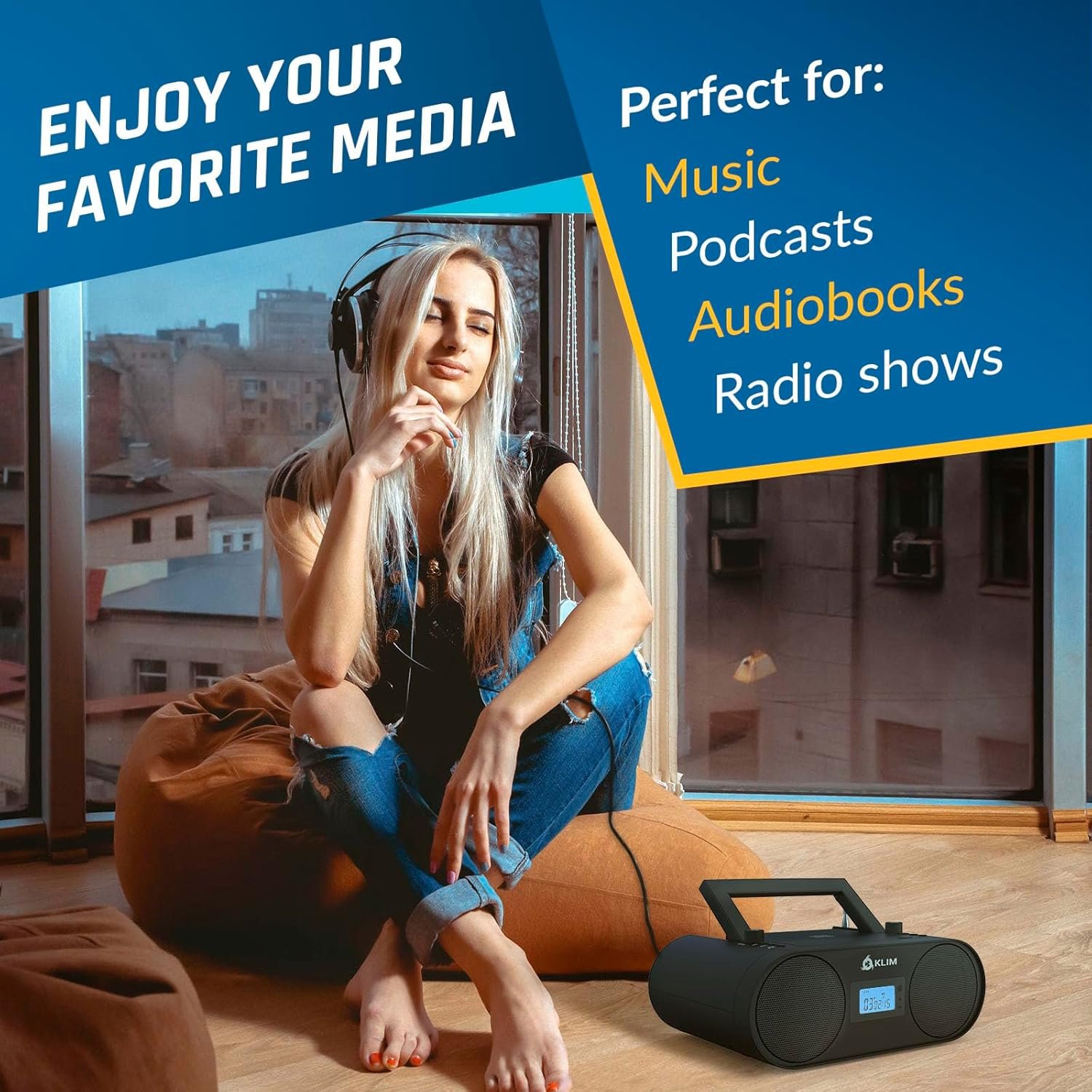 KLIM Boombox B4 CD Player Portable Audio System - New - AM/FM Radio with CD Player MP3 Bluetooth AUX USB - Wired & Wireless Mode Rechargeable Battery - Remote Control Autosleep Digital EQ - Image 4