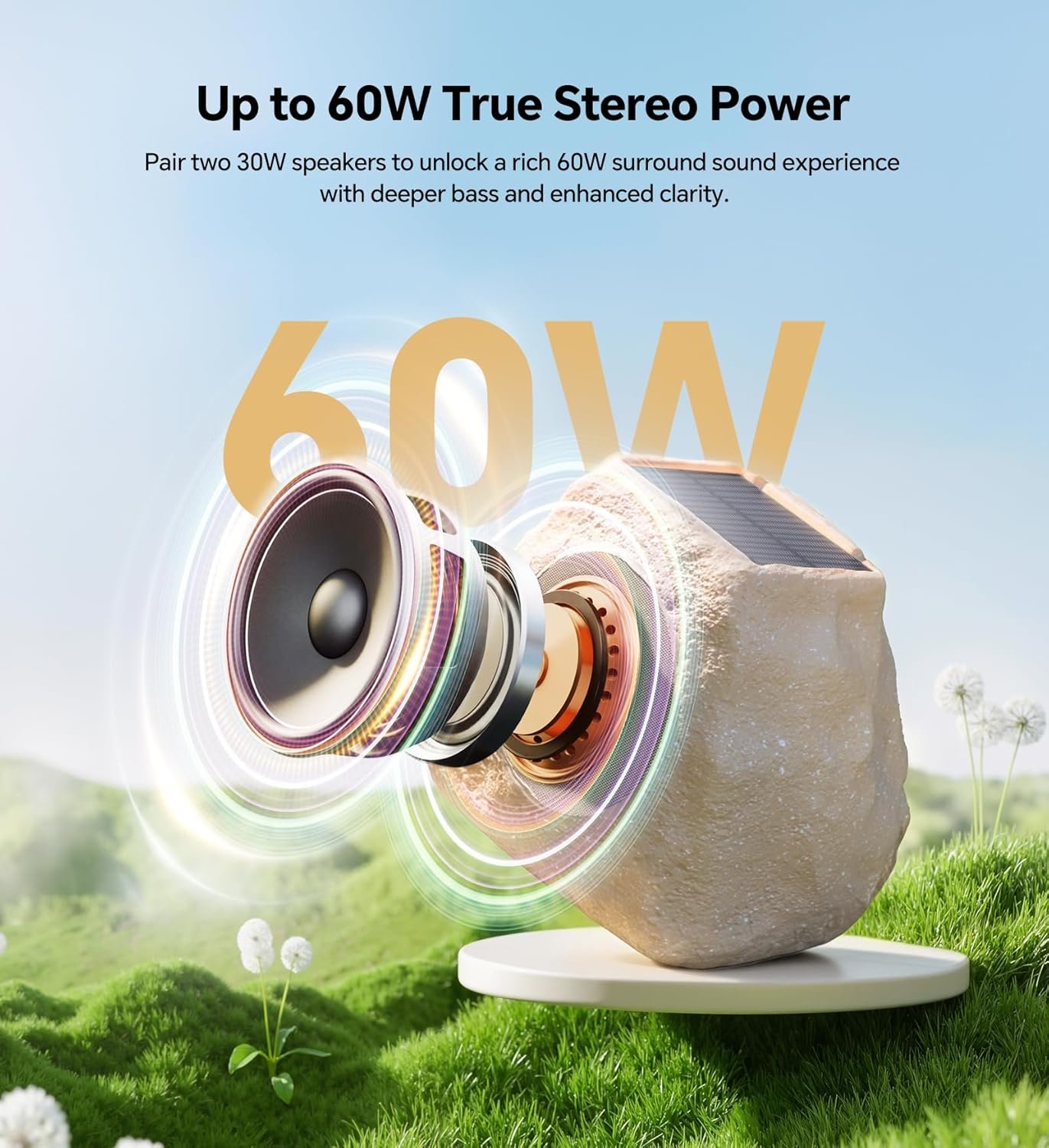 Upgraded Outdoor Rock Speaker 60W Deep Bass Multi-Sync up to 100Pcs, Remote Control, IPX7 Waterproof Solar-Powered with LED Lights Perfect for Pool, Garden, Patio, Ideal for Music Lovers - 2 Packs - Image 3