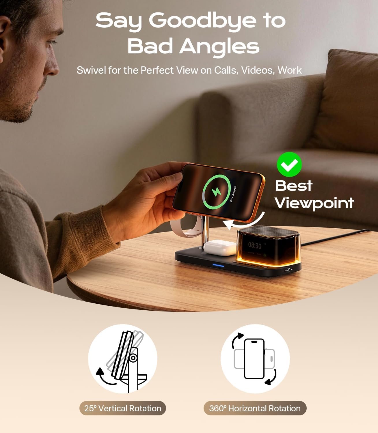 45W 5 in 1 Charging Station with Bluetooth Speaker and Alarm Clock & Night Light, Qi2.2 25W Fast Wireless Charger for MagSafe Charger for iPhone 17/S26 Ultra, Charger Stand for Apple Watch & AirPods - Image 8
