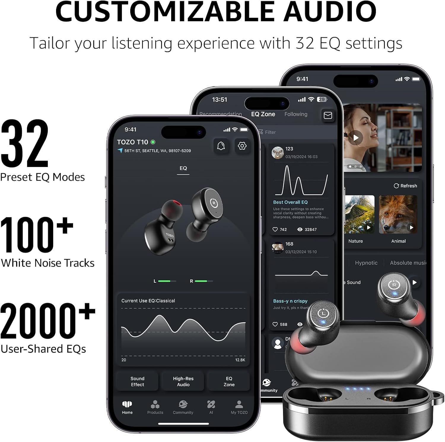 TOZO T10 Wireless Earbuds Bluetooth 5.3 Headphones, App Customize EQ, Ergonomic Design, 55H Playtime, Wireless Charging Case, IPX8 Waterproof Sound in-Ear Headset, New Version - Image 6
