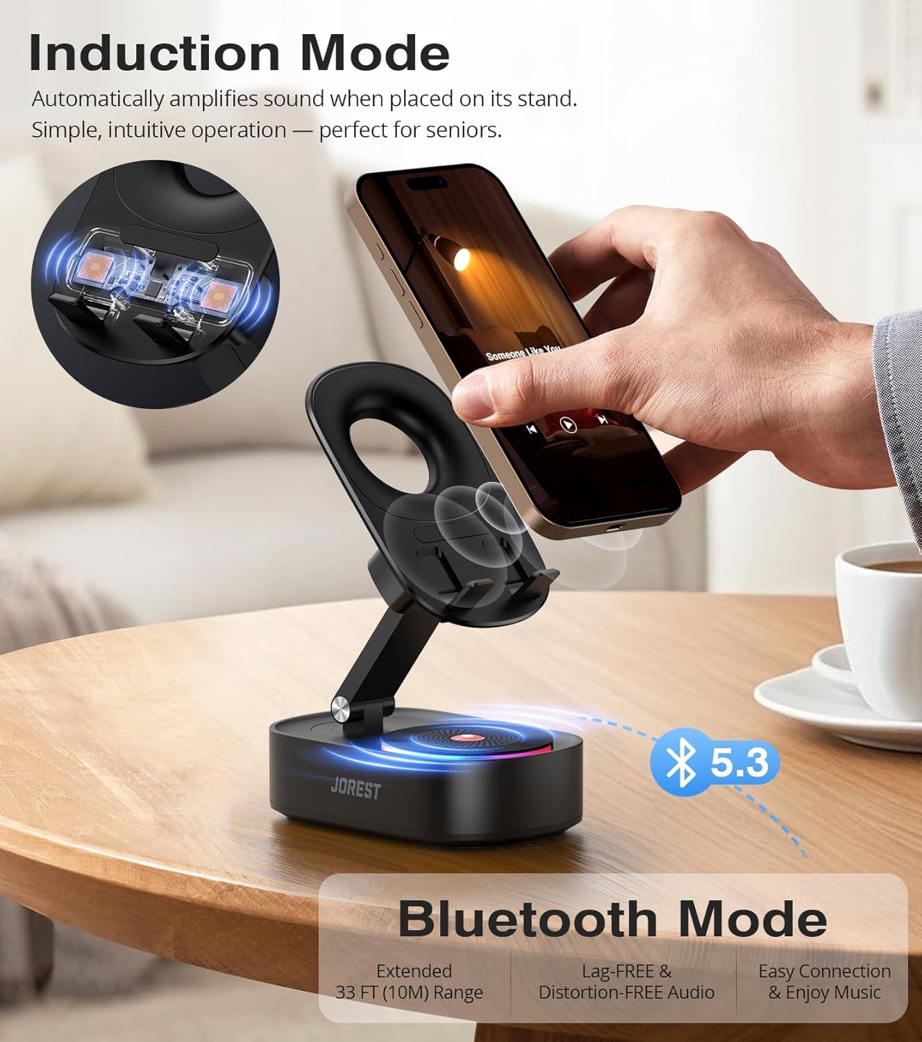 Jorest Wireless Induction Speaker,Cell Phone Stand with Bluetooth Speaker,Valentine's Gifts for Older Men Women Teenage Boy,Ampilifer Gadget Foldable with iPhone/Ipad,Birthday Gift for Dad Father - Image 2