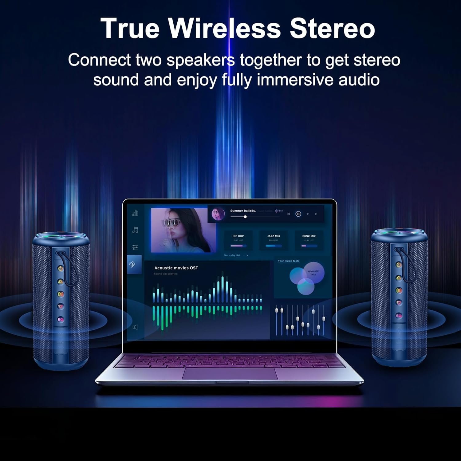 Portable Bluetooth Speaker, Bluetooth 5.4 Wireless Speaker with 20W HD Loud Stereo Sound, 20H Playtime, IP7 Waterproof, LED Lights, TWS Pairing, Built-in Mic, for Outdoor, Party, Home, Gift, Blue - Image 5