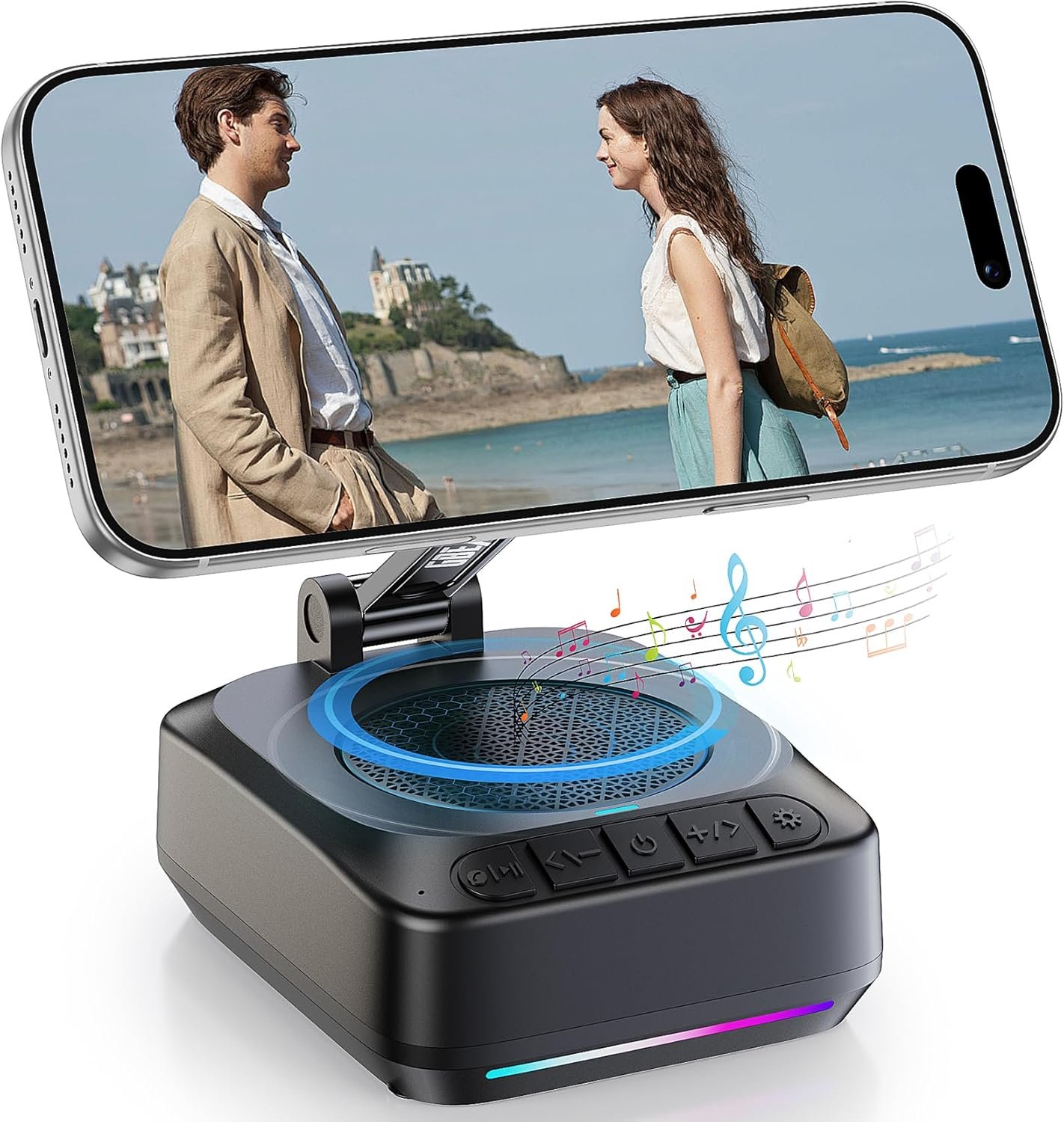 GBEAST for Magsafe Phone Stand with Bluetooth Speaker, Adjustable Cell Phone Holder for Desk,Stereo Sound Bluetooth Speaker with RGB, Built-in Mic for iPhone/Android/Samsung Galaxy,Gifts for Men Women
