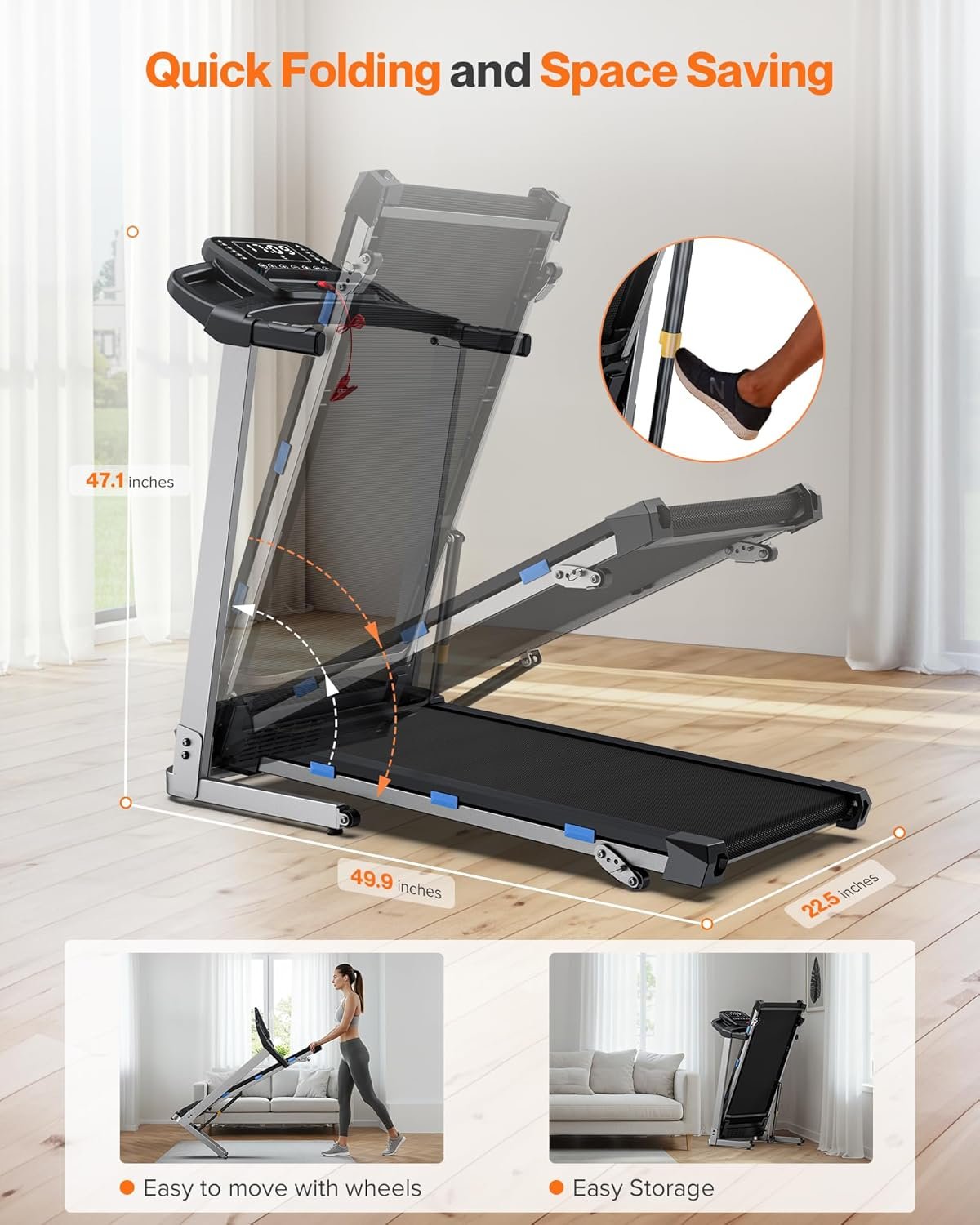 Cardirun Folding Treadmill with Incline, 3.5 HP Quiet Treadmills for Home with 400 lbs Weight Capacity, Incline Treadmill with Pulse Sensor and Bluetooth Speaker, LED Screen, App, Space-Saving Design - Image 9