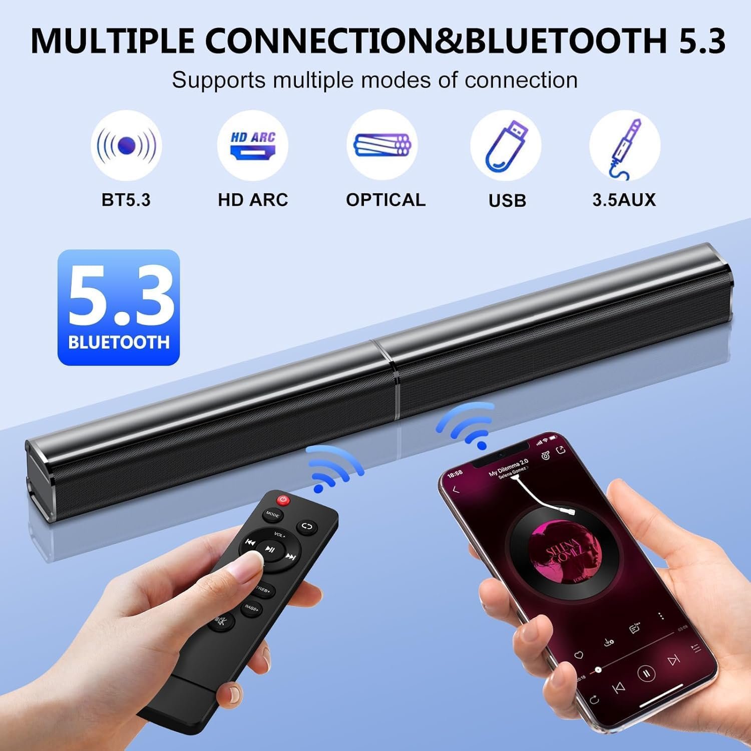Sound Bar, 80W SoundBar for Smart TV, 2026 Bluetooth 5.3 Soundbar, Home Theater Surround Sound, 2 in 1 Detachable Home Speaker Bass, ARC/Optical/AUX/Connections, for TV/PC/Projectors - Image 5