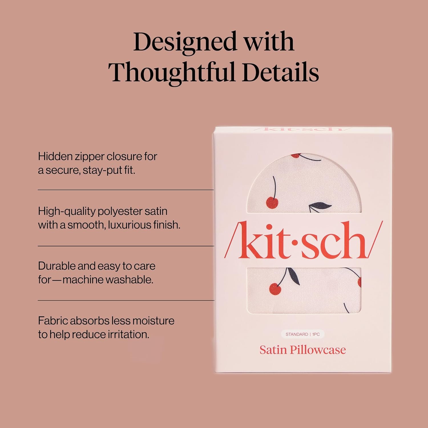 Kitsch Satin Pillowcase with Zipper for Hair & Skin - Softer Than Silk Pillow Cases, Smooth Cooling Satin Pillow Case, Wrinkle-Free, Machine Washable, Pillow Cases Standard Size 19x26 - Cherry Print - Image 3