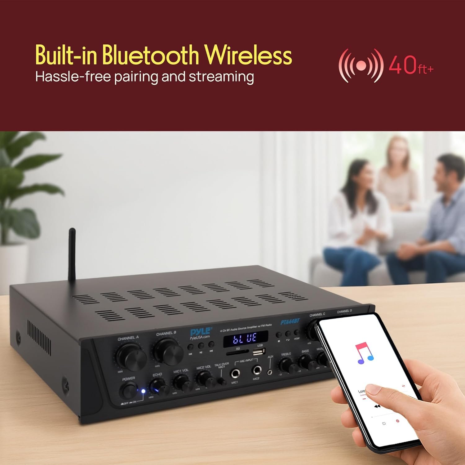 Pyle 4-Channel Audio Amplifier with Bluetooth - Home Stereo Receiver w/ 500W Max Power - Commercial or Karaoke - Dual Mic Input with Echo, Vol, Talk-Over - AUX In - Sub Out - USB-A MP3 Player, AM/FM - Image 3