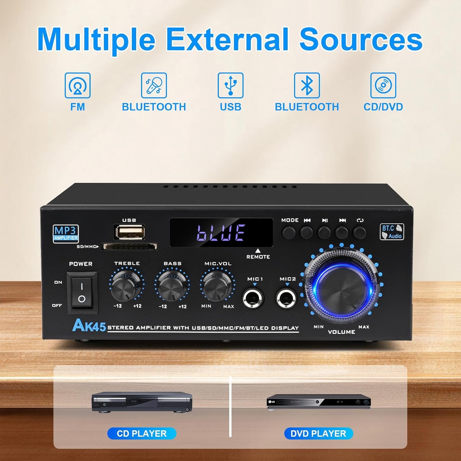 Stereo Audio Amplifier 2025 Upgraded AK45 Bluetooth Receiver for Home Stereo, 400W 2 Channel Wireless Bluetooth 5.0 Power Amplifier System with FM Radio, USB, SD Card, and Remote Control - Image 2