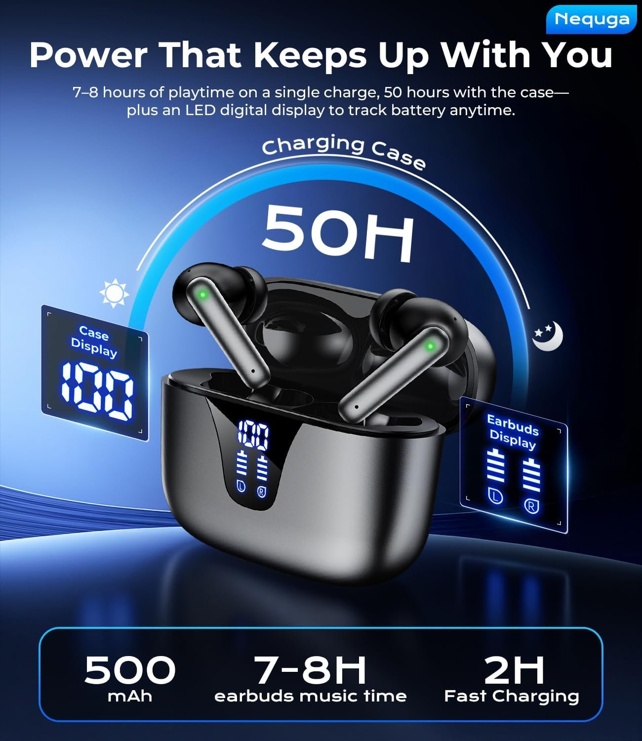 Wireless Earbuds Bluetooth Headphones, 50H Playtime Ear Buds with Mic, LED Digital Display Charging Case, IPX7 Waterproof, Deep Bass Stereo, in-Ear Earphone for iPhone Andriod Phone - Ink - Image 2