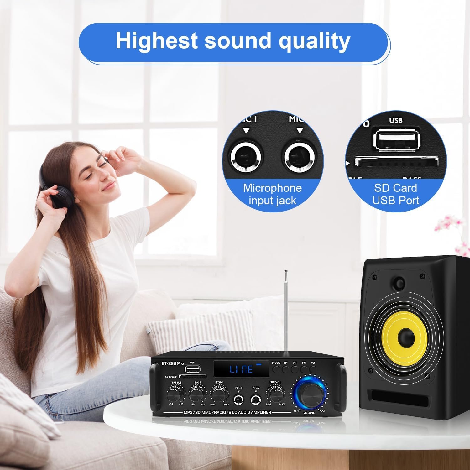 Amplifier Home Audio Stereo Receivers with Bluetooth 5.0,Receicer for Speakers Max 800W, 2.0 Channel Stereo Amplifier System for Home Speakers, Karaoke,Garage,Home Amp/USB/SD/RCA/MIC in - Image 5
