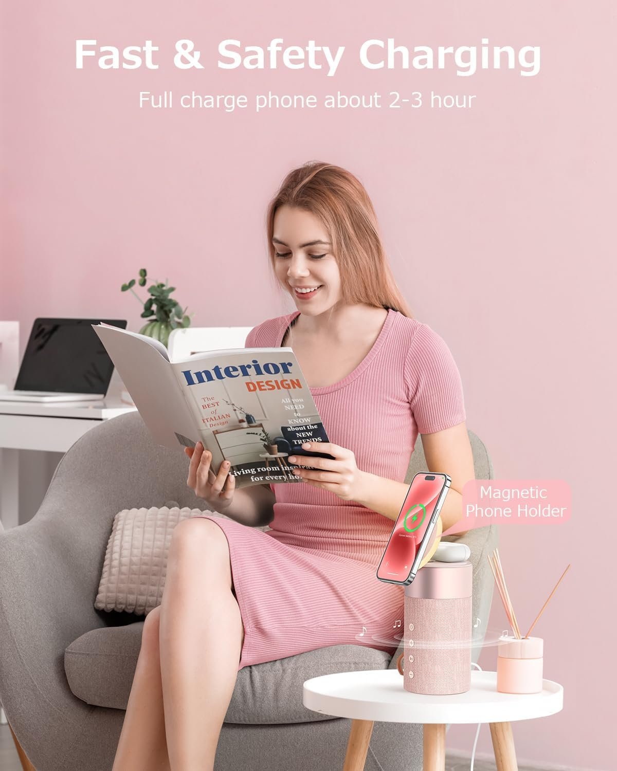 COLSUR Bluetooth Speaker, Magnetic Wireless Charger, Bluetooth Speakers with Night Light, 2 in 1 Wireless Charging Station for iPhone 17/16/15/14/13/12 Series, AirPods Pro 2/4/3/2(Gift Ideal) (Pink) - Image 2