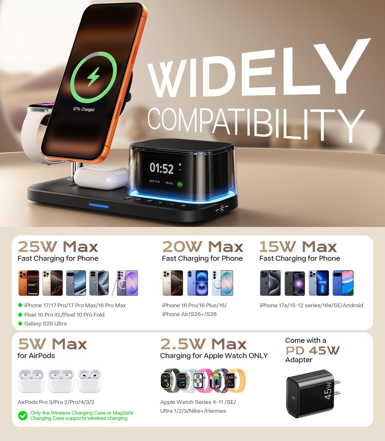 45W 5 in 1 Charging Station with Bluetooth Speaker and Alarm Clock & Night Light, Qi2.2 25W Fast Wireless Charger for MagSafe Charger for iPhone 17/S26 Ultra, Charger Stand for Apple Watch & AirPods - Image 3