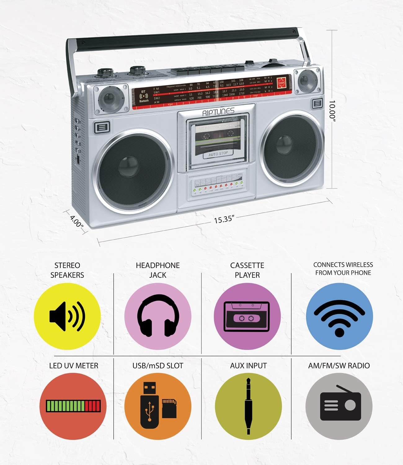 RIPTUNES Boombox Radio Cassette Player Recorder, AM/FM -SW1/SW2 Radio, Wireless Streaming, USB/Micro SD Slots, Aux in, Headphone Jack, Convert Cassettes to USB/SD, Classic 80s Style Retro, Silver - Image 2