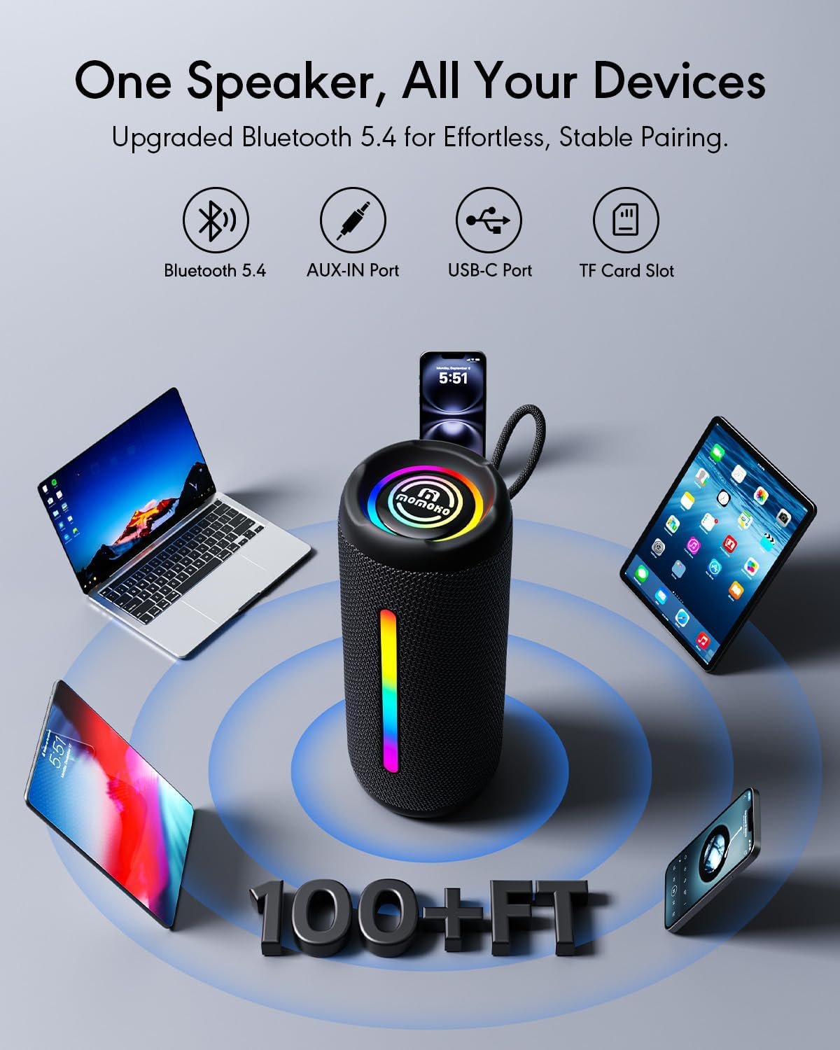 Portable Bluetooth Speaker, IPX7 Waterproof Wireless Speaker, 30W Loud Stereo Sound with Deep Bass, RGB Lights, Bluetooth 5.4, EQ Mode for Home/Party/Outdoor, Birthday Gifts for Men Women(Black) - Image 7