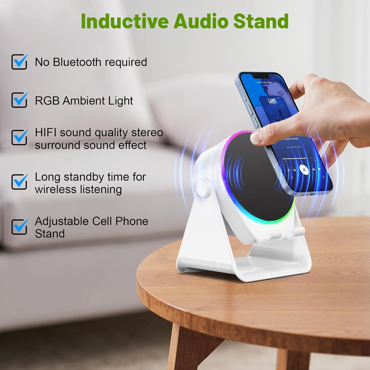 Wireless Induction Audio Bluetooth Speaker, 4 in 1 Phone Stand Speakers Amplifier with Colorful Ambient Light,360° Adjustable Holder for Tablet iPhone Android, Gifts for Men Women Teens-White - Image 3